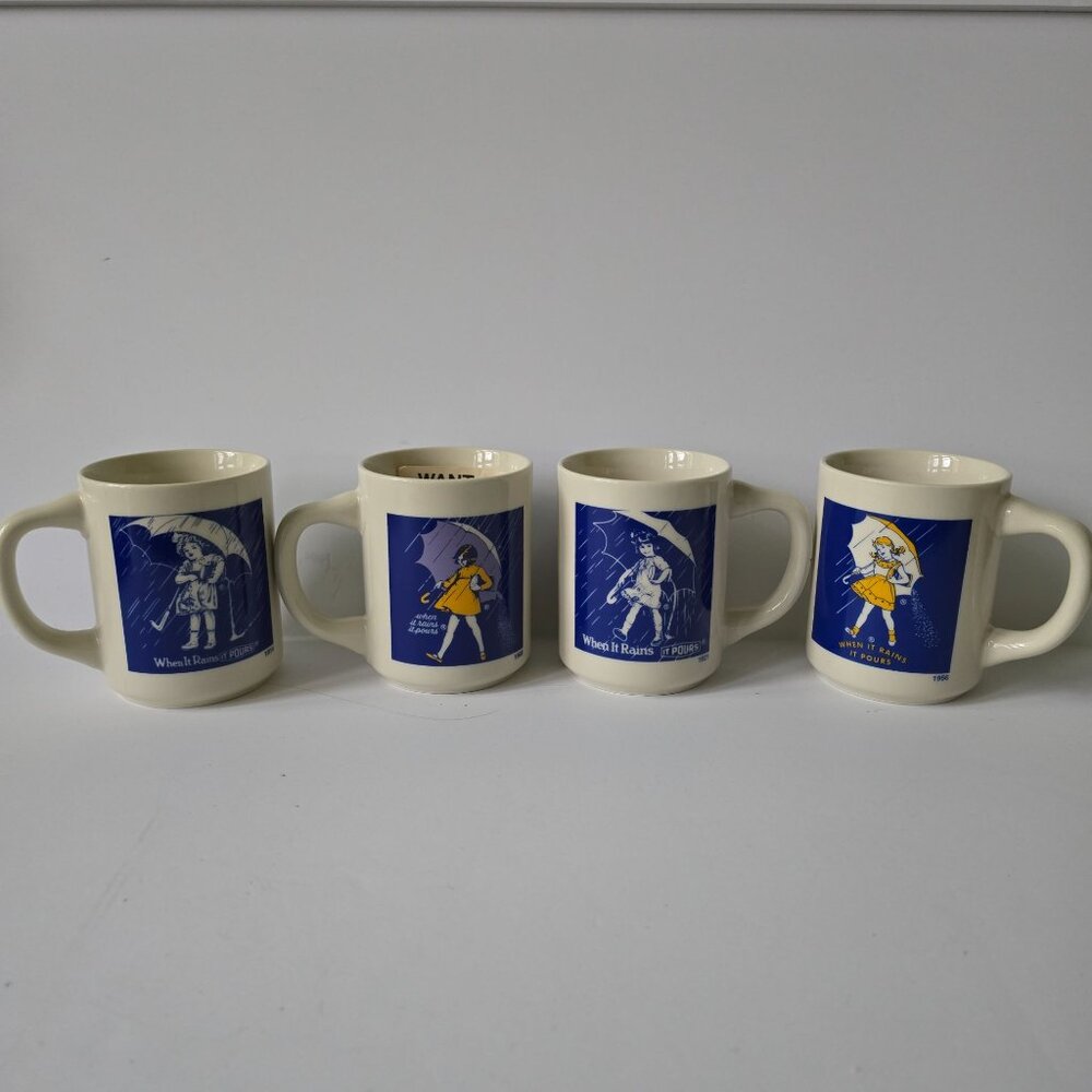 Vintage Morton Salt Ceramic Coffee Mugs Set of 4 - When it Rains It Pours